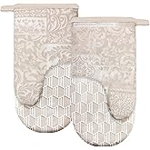 Alselo Thumb Oven Mitts, Heat and Slip Resistant Silicone Kitchen Mittens 2-Pack Set, Khaki Patchwork Flower Soft Long Oven Gloves, Flexible Thick Potholders for Safe Baking Cooking and Grill(Khaki)