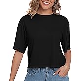 PRIMODA Women's Loose Fit Cropped T Shirts Crew Neck Half Sleeve Crop Tops Tee Shirts