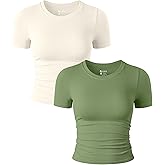 OQQ Womens 2 Piece Shirts Short Sleeve Crew Neck Ruched Stretch Fitted Tee Shirts Crop Tops