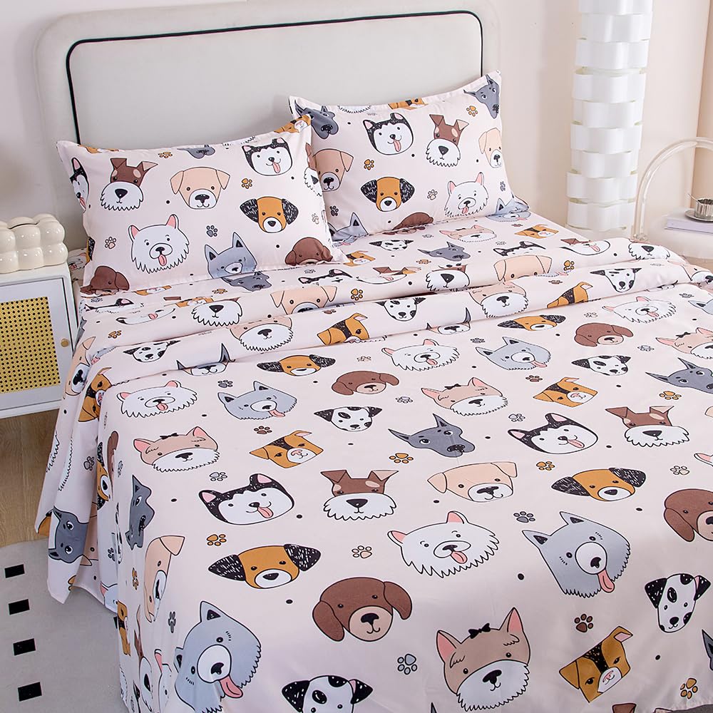 Photo 1 of Generic WFFFa 3PC Dogs Printed Bed Sheet Set for Kids,Soft Breathable Fabric Flat Sheet Deep Pocket Fitted Sheet and Pillow Cases Set (Cream, Twin)
