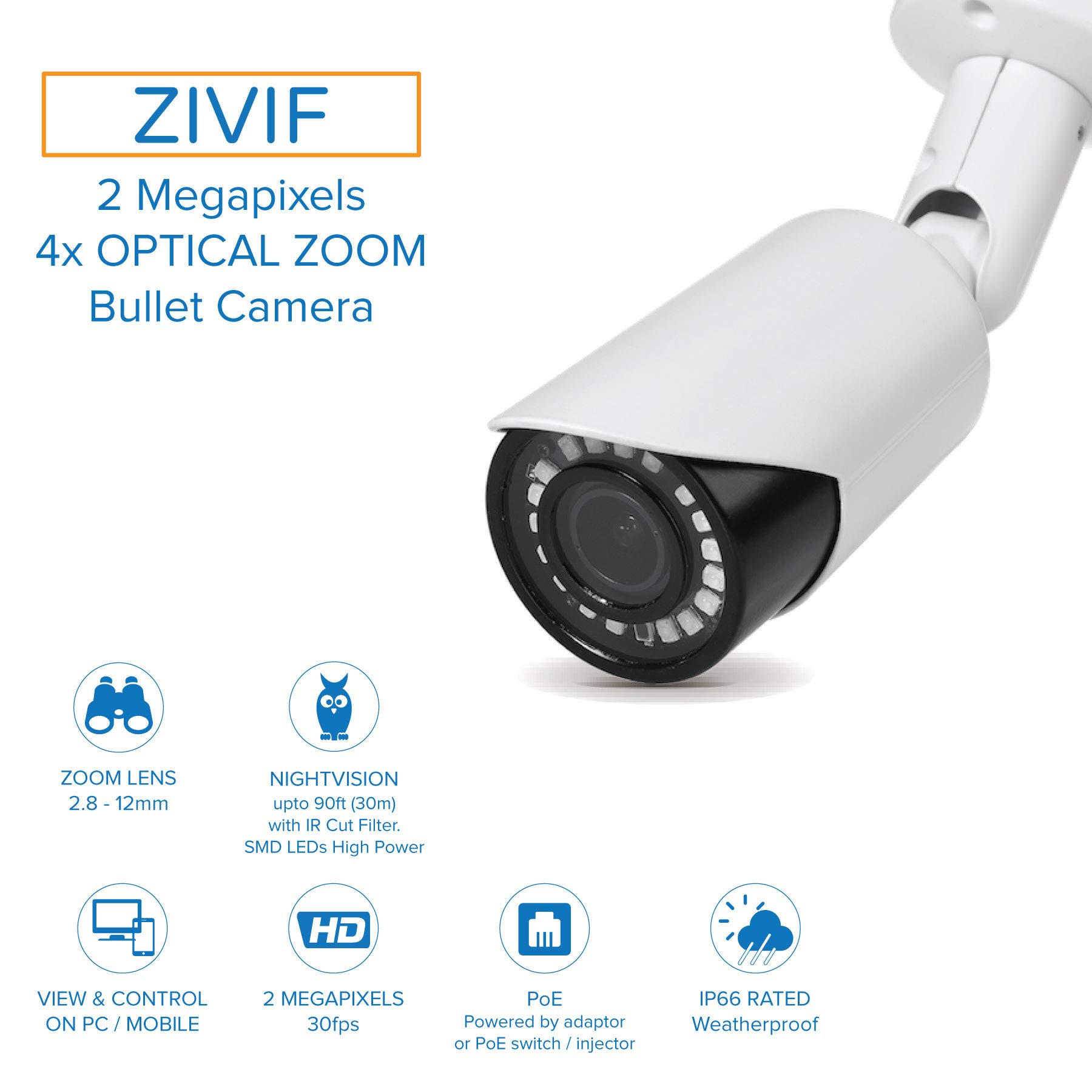 Zivif PoE Camera 4X Motorized Zoom - 1080P Bullet Outdoor Indoor IP Security Camera with Motion Detection & Night Vision