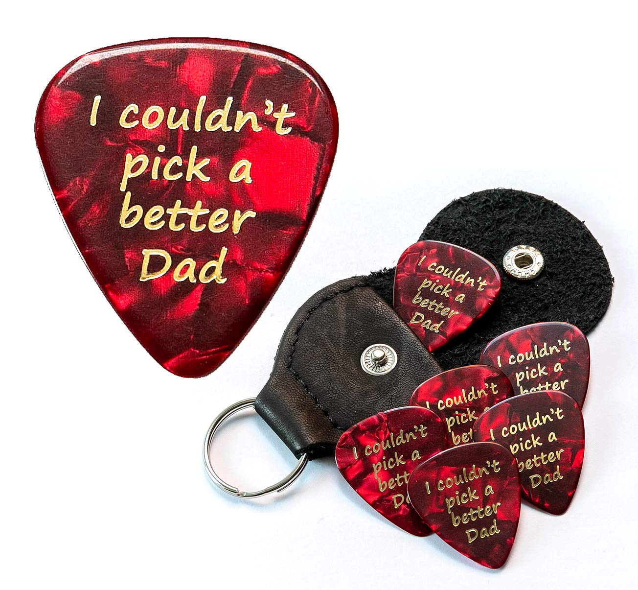 I couldn't pick a better Dad 6 Red Guitar Picks With Leather Plectrum Holder Keyring