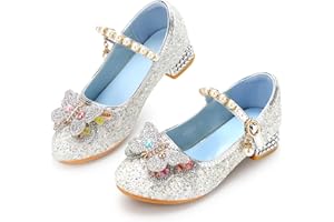 Qimaoo Girls Dress Shoes Mary Jane Princess Shoes Girls' Flats Glitter Low Heels Flower Wedding Party Footwear for Toddler Little/Big Kid