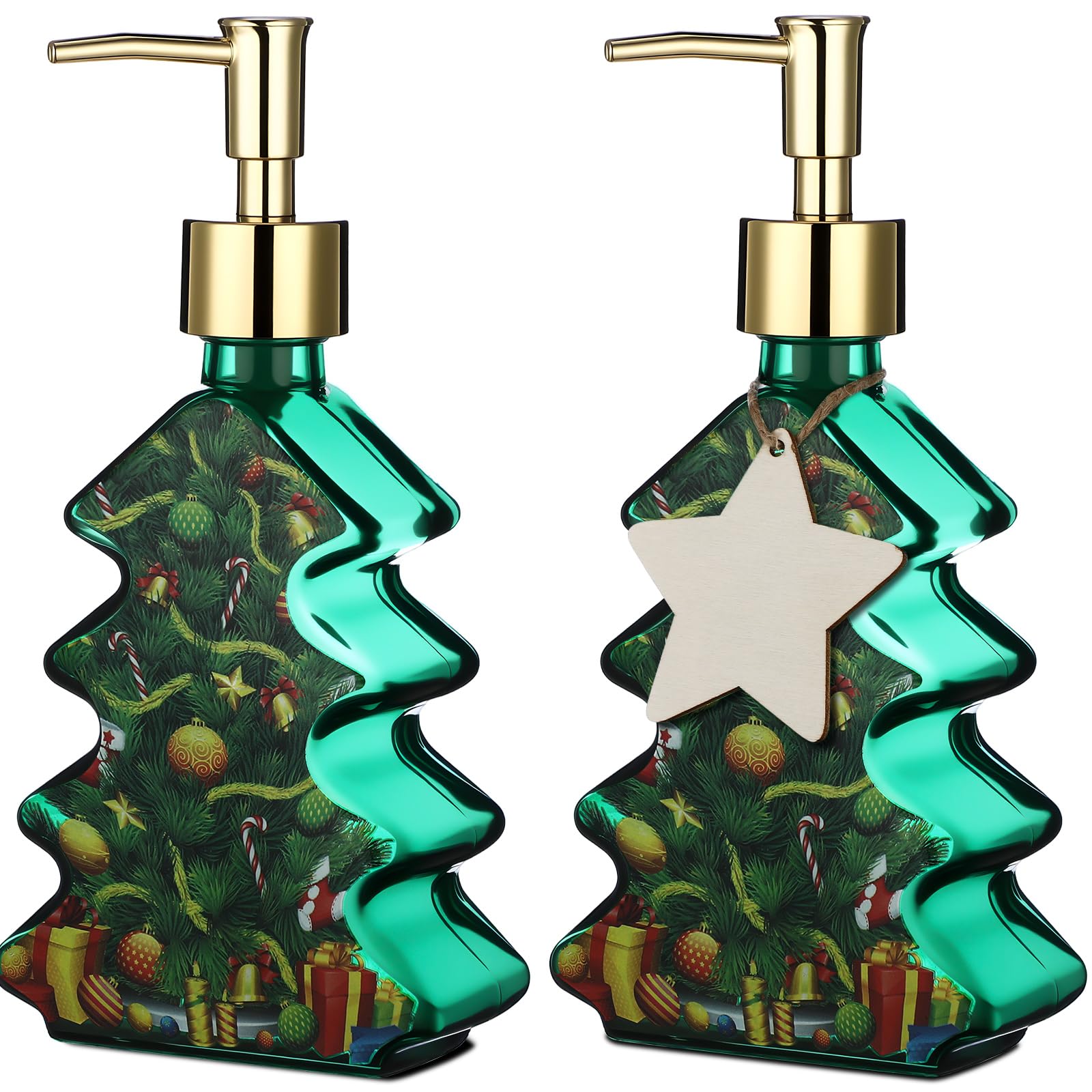 Photo 1 of Acellegic 2 Pcs Christmas Soap Dispenser Christmas Tree Shaped Glass Hand Lotion Dispenser Set 10 OZ Liquid Container Bottle with Gold Pump for Bathroom Kitchen Holiday Decoration(Jolly Present)