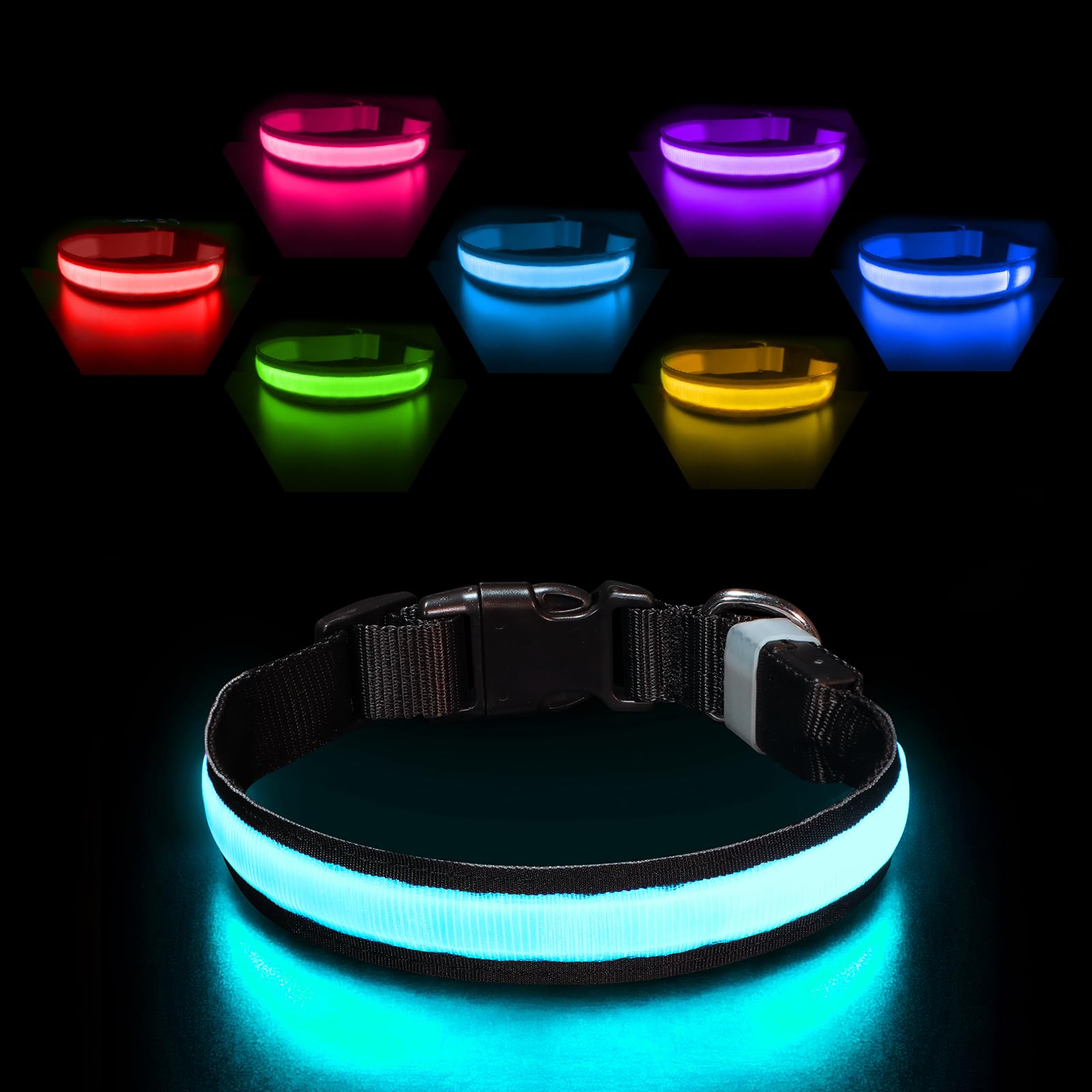 Photo 1 of 1pc. Pceotllar Rechargeable Led Dog Collar - Automatic 7-Color Changes, Water Resistant for Night Walking, Bright Glow (Black, S)