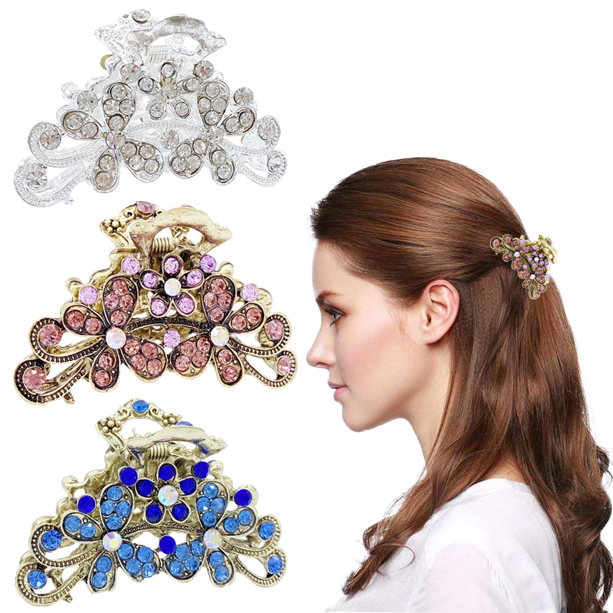 Paotxpum 3 Pcs Vintage Rhinestone Hair Claw Clips Fashion Hair Clips Alloy Fancy Hair Claw Jaw Clips Pins, Metal Alloy Fancy Hair Barrette Decorative Flowers Hair Clamp for Women Thick Hair