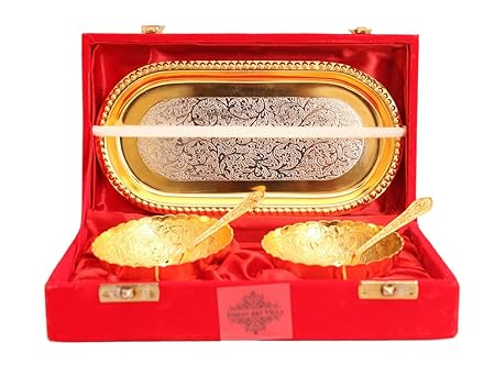 Indian Art Villa Silver Plated Gold Polished Bowl Set with Spoon Tray, Diwali Gift Item