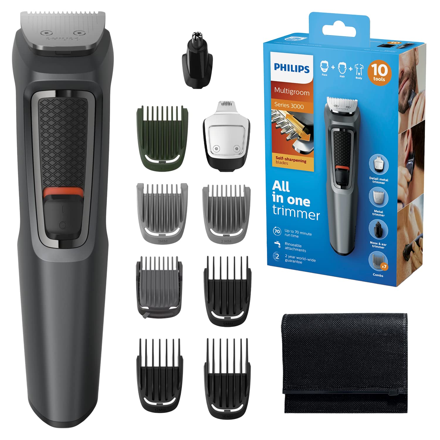 Philips 10-in-1 All-In-One Trimmer, Series 3000 Grooming Kit for Beard, Hair & Body with 10 Attachments, Including Nose Trimmer, Self-Sharpening Metal Blades, UK 3-Pin Plug - MG3747/33