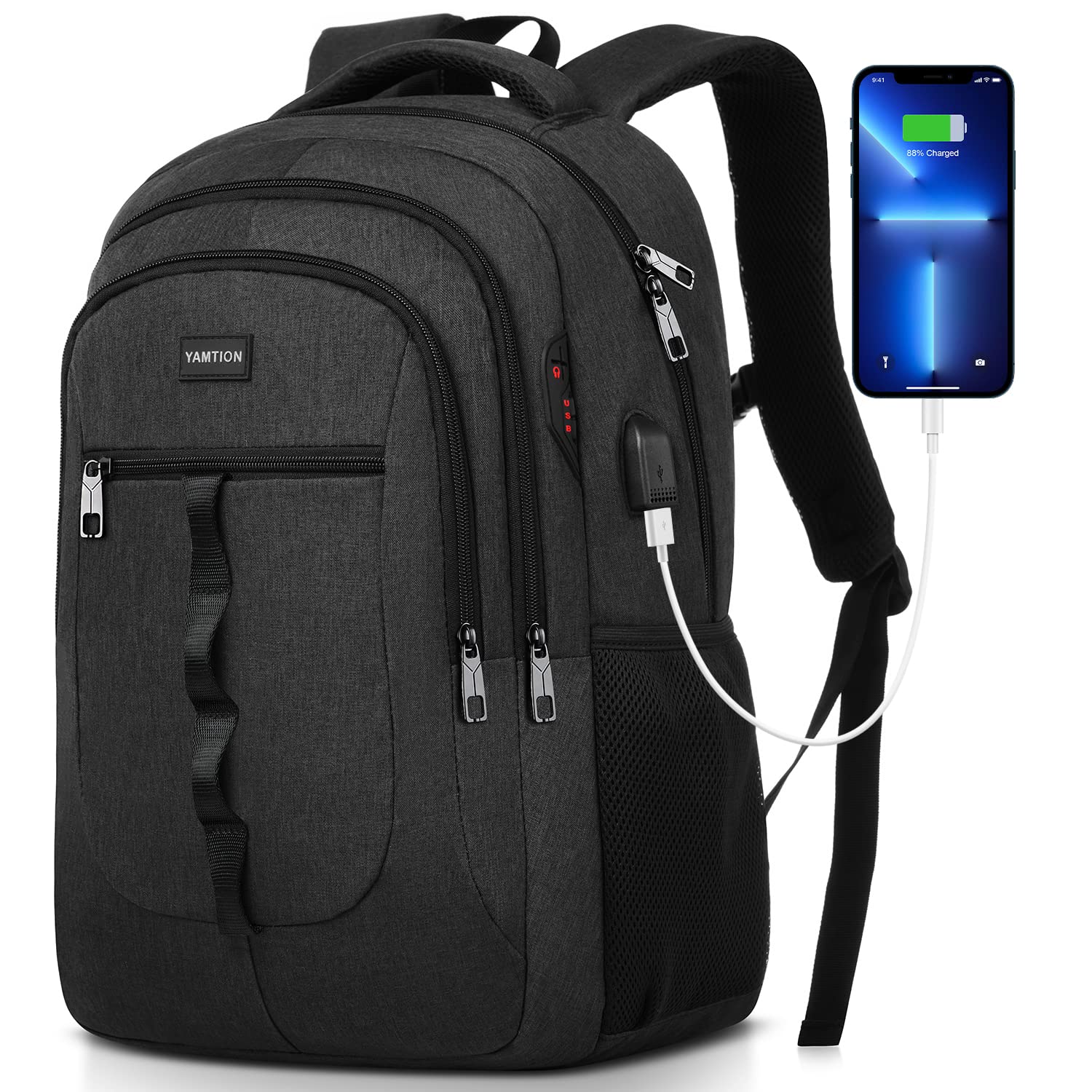 Photo 1 of YAMTION Black Backpack for Men and Women,School Backpack Bookbag for Teen Boys and Girls Laptop Backpack with USB for Collge Work Business
