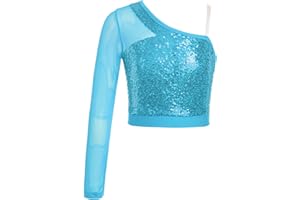 JEATHA Kids Girls One Shoulder Long Sleeve Sequins Crop Top Athletic Shirts Jazz Hip-hop Dance Costume