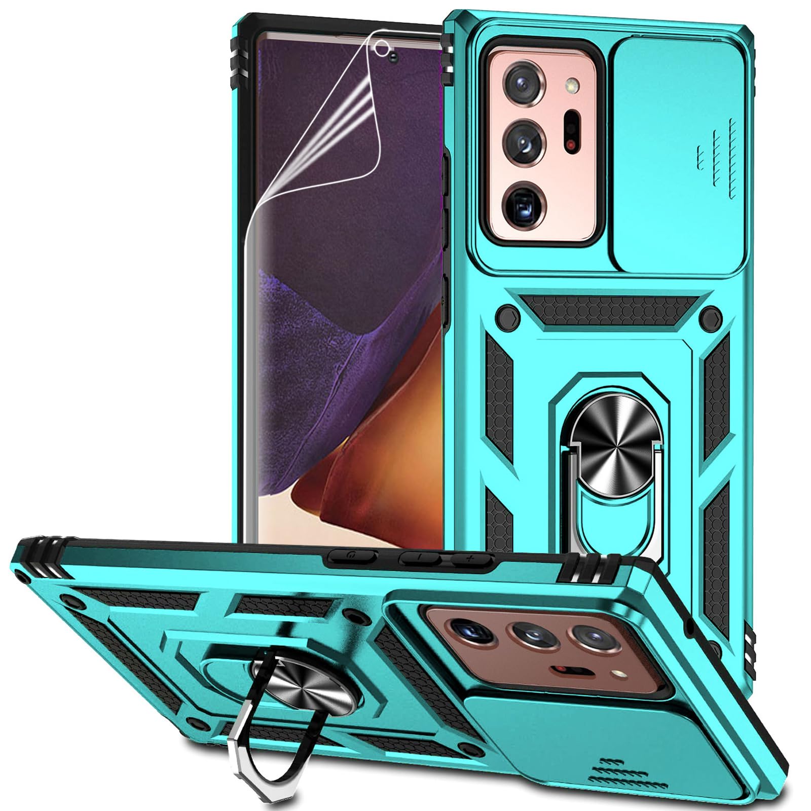 for Samsung Galaxy Note 20 Ultra Case with Camera Lens Cover HD Screen Protector, Military-Grade Drop Tested Magnetic Ring Holder Kickstand Protective Phone Case for Galaxy Note 20 Ultra 5G (Mint)