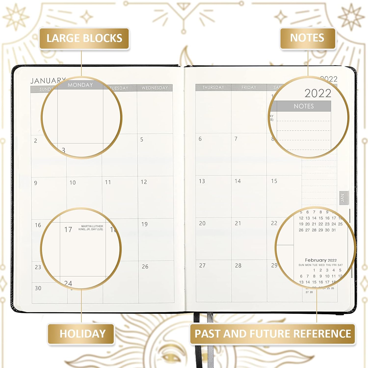 2021-2022 Planner - Academic Weekly Monthly Planner, 5.75" x 8.25", July 2021 - June 2022, Soft Faux Leather with Thick Paper, Pen Loop, Back Pocket with 88 Notes Pages - The Sun : Office Products