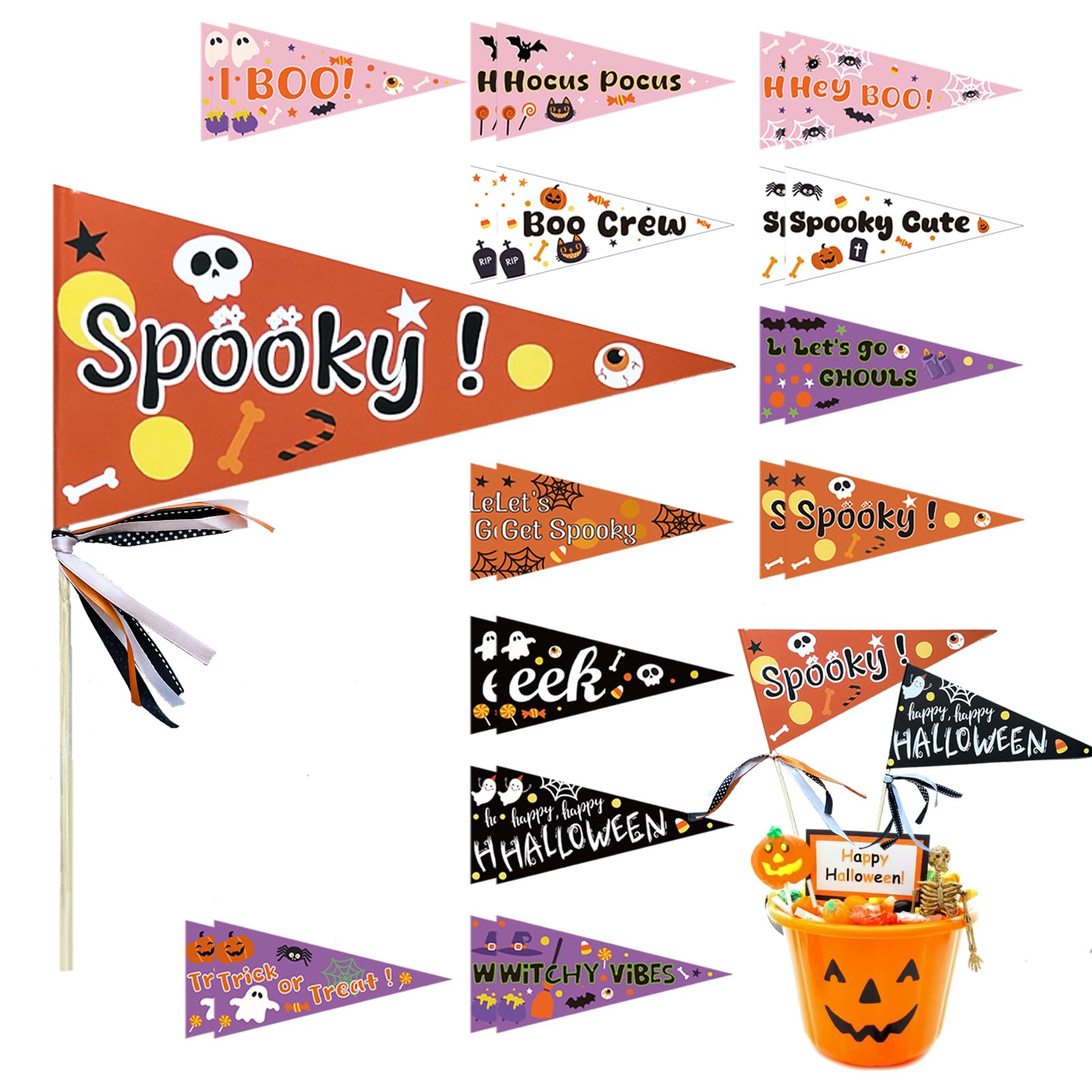 Photo 1 of 24 Set DIY Halloween Stick Flags 6.2" x 12.4" Paper Pennant Flags with Ribbons Include 24 Ghost Boo Pennant Flags 24 Flat Bamboo Stick 120 Ribbons for Halloween Boo Basket Decoration