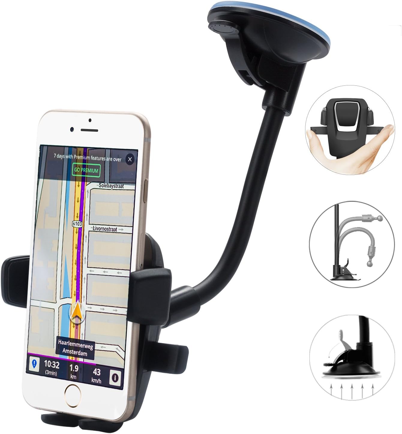 DREAMORE Car Mount, Long Arm Universal Windshield Dashboard Cell Phone Holder with Strong Suction Cup for iPhone 7 Plus 6 Plus 6S 5S SE Samsung Galaxy S6 S7 Edge (Black (Long Arm))