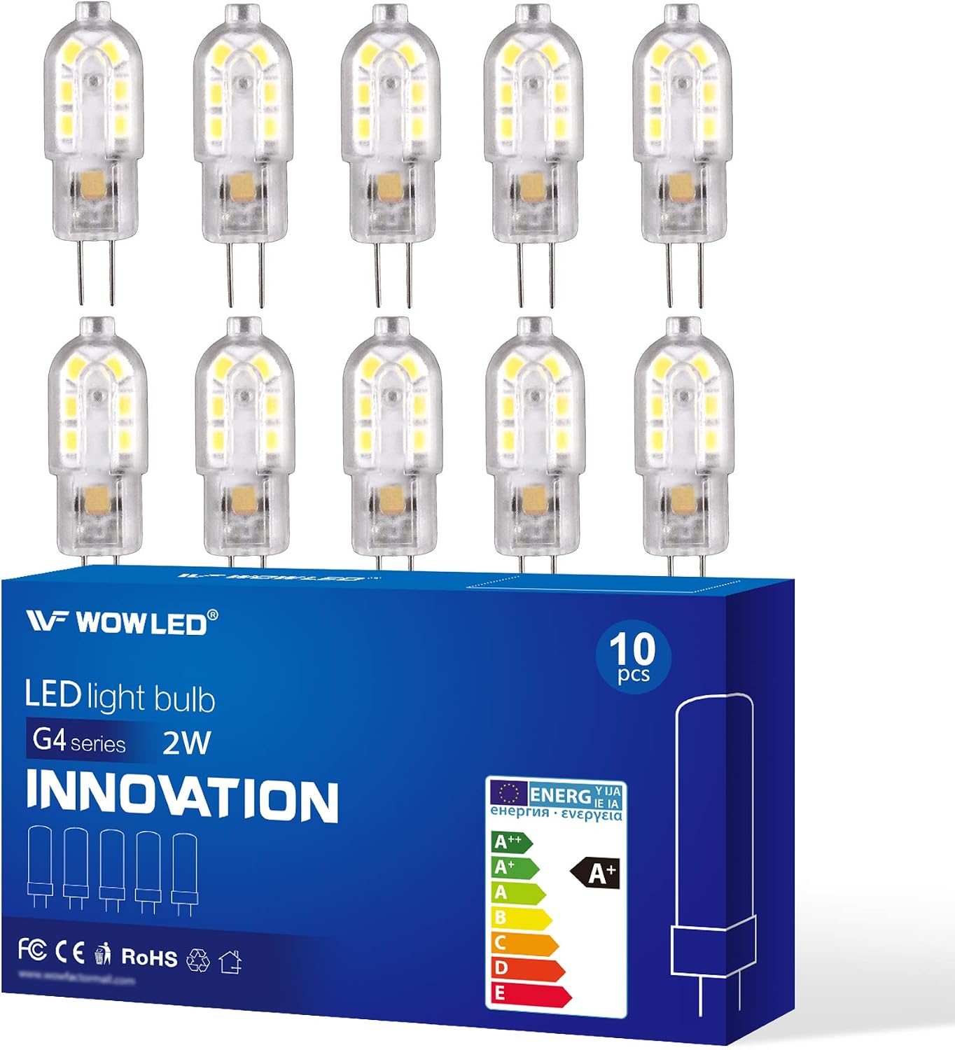 WOWLED 10 x G4 LED Light Bulb, 2W (20W Equivalent), Non-Dimmable, Warm White, 180 Lumen, 3000 Kelvin, DC/AC 12V, 360 Degree