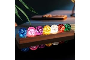 LOSCHEN 7 Colors Ice Cracked Balls, Core Memories Crystal Balls with LED Sapele Wood Base, Natural Healing Spheres Set for Home Living Room Meditation Positive Energy Decoration Balls