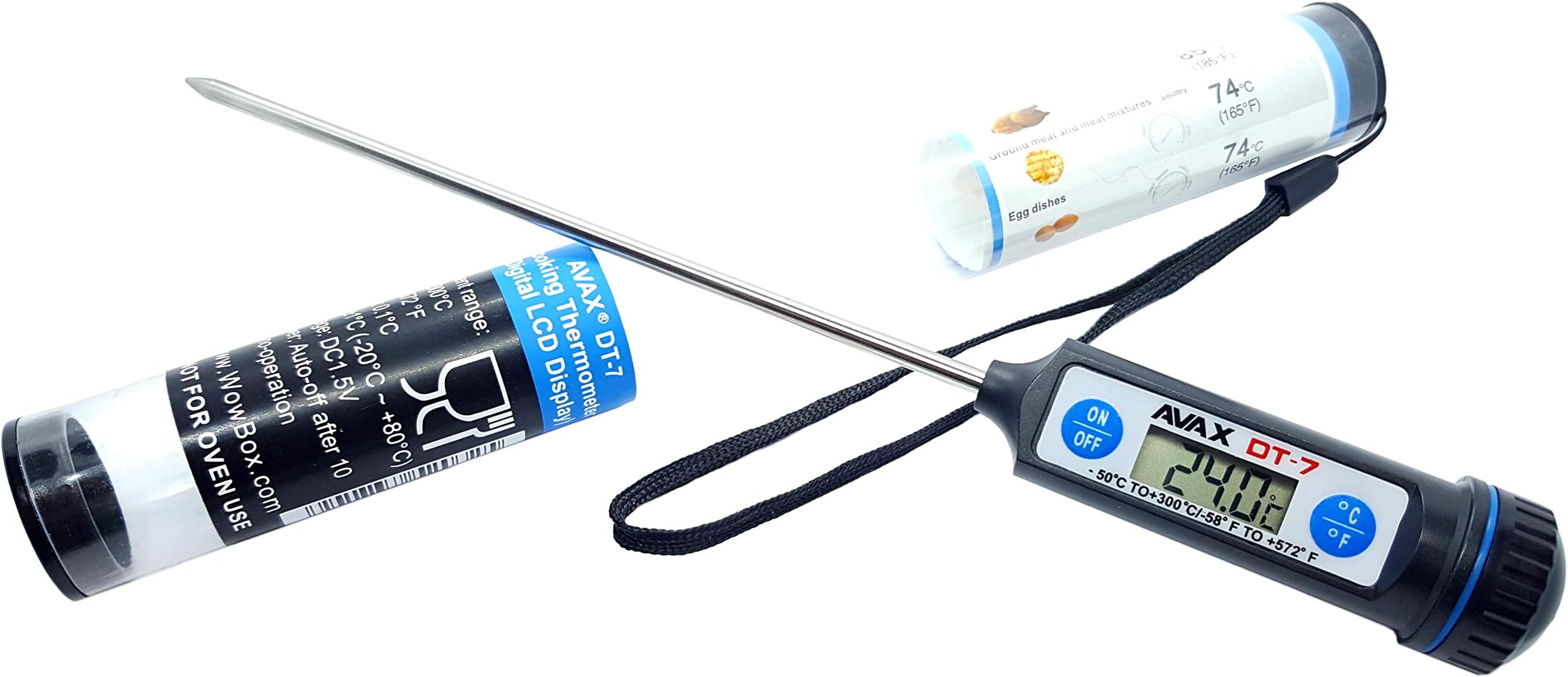 AVAX DT-7 - Digital LCD Food Thermometer Kitchen Cooking Probe for Meat, Steak, Turkey, BBQ, Wine, Yerba Mate, Baby Milk, etc. - Temperature range: -50C to 300C / -58F to 572F - 11cm long Stainless Steel Probe - Protective Cap and 1 x LR44 Battery INCLUDED (BLACK/BLUE15)