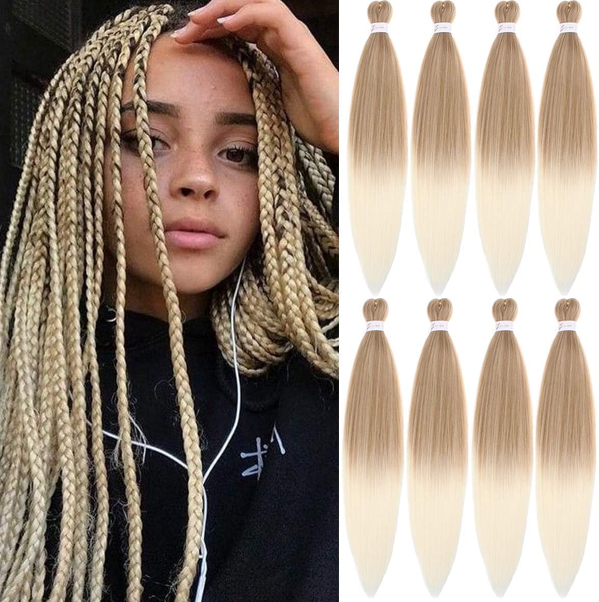 Leeven 8 Packs Pre Stretched Braiding Hair 26 Inch Yaki Texture Ombre Brading Hair Extensions for Box Braids Kanekalon Hair Fiber Crochet Hair Extensions for Braiding /26 Inch 27613#