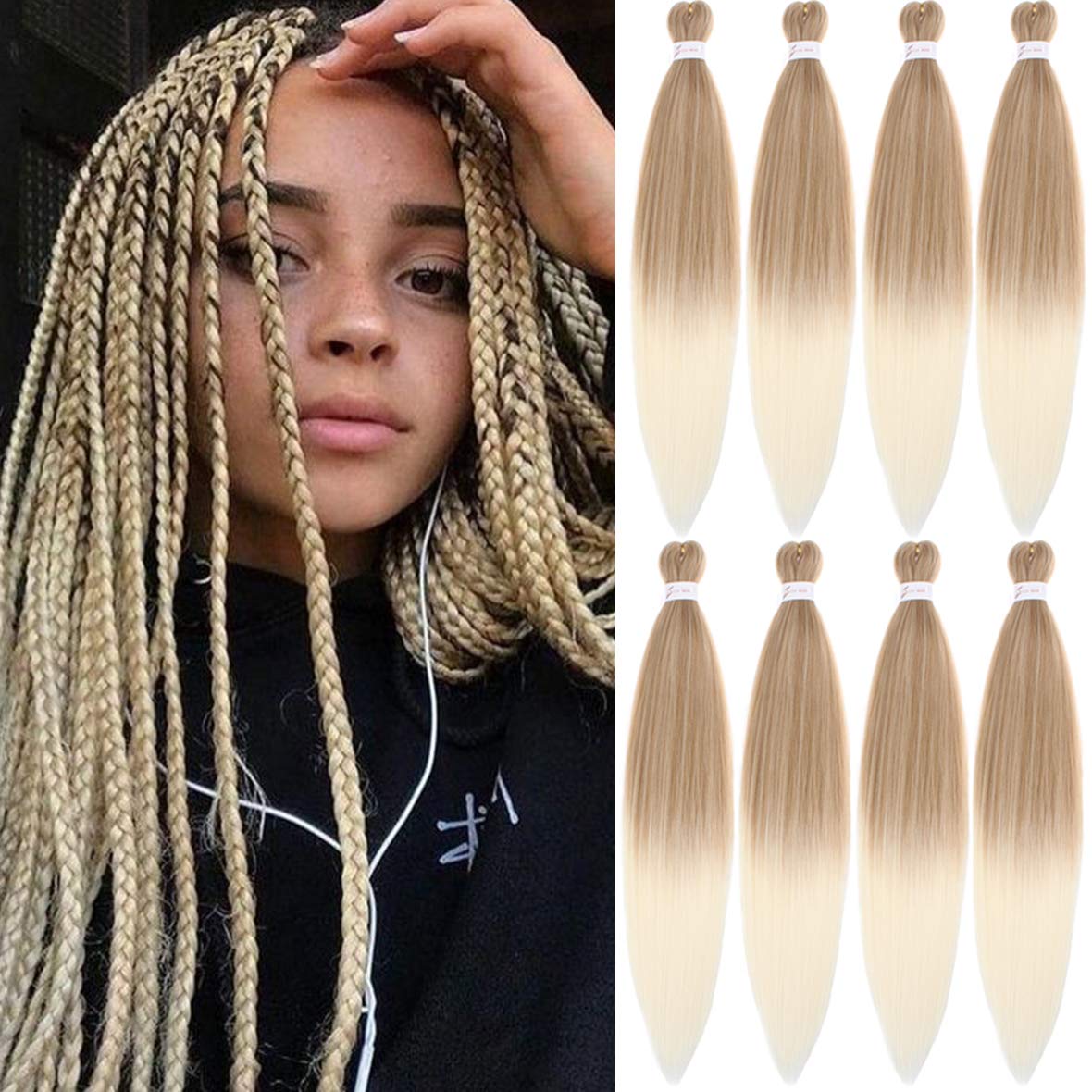 Leeven 8 Packs Pre Stretched Braiding Hair 26 Inch Yaki Texture Ombre Brading Hair Extensions for Box Braids Kanekalon Hair Fiber Crochet Hair Extensions for Braiding /26 Inch 27613#