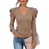Amarmia Women's Puff Long Sleeve Knit Pullover Sweaters Casual V Neck Ribbed Solid Soft Slim Fit Sweater Blouse Tops