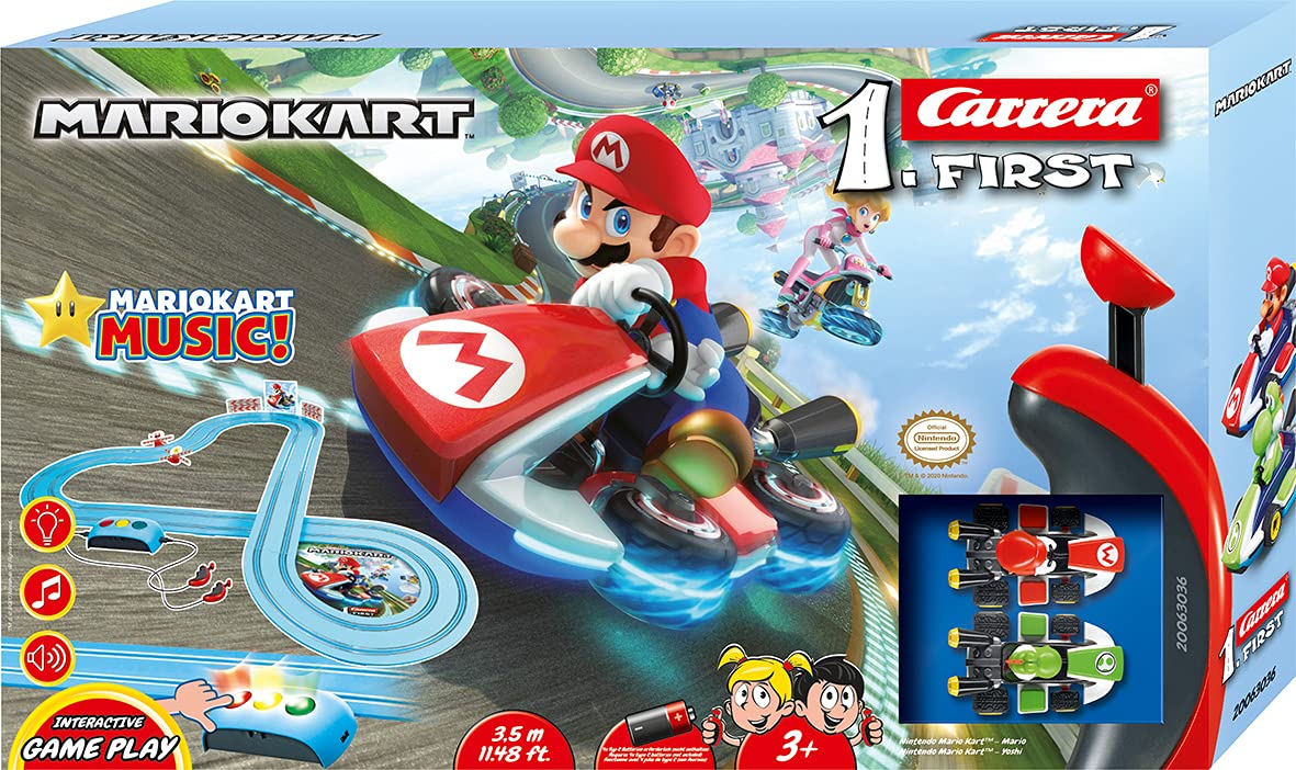 Carrera First Mario Kart™ - Royal Raceway Autorennbahn für Kinder ab 3 Jahren | 2,4m Rennstrecke mit Mario und Yoshi | mit original Mario Kart-Sound I Geschenke für Kinder zu Ostern