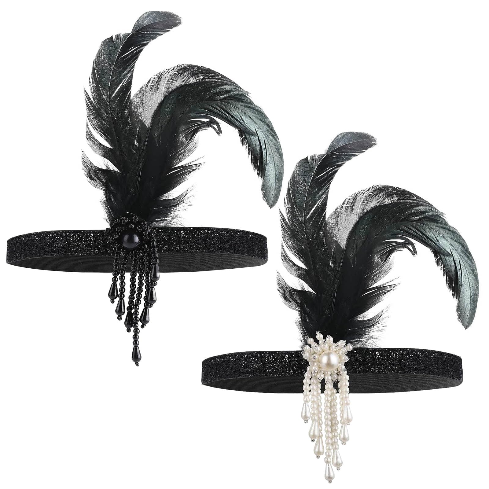 2 PCS 1920s Headbands for Women Black Feather Hairband,Rhinestone Crystal Gatsby Flapper Headpiece 20s Vintage Beaded Leaf Hairband Hair Valentines Accessory for Girls Costume Party