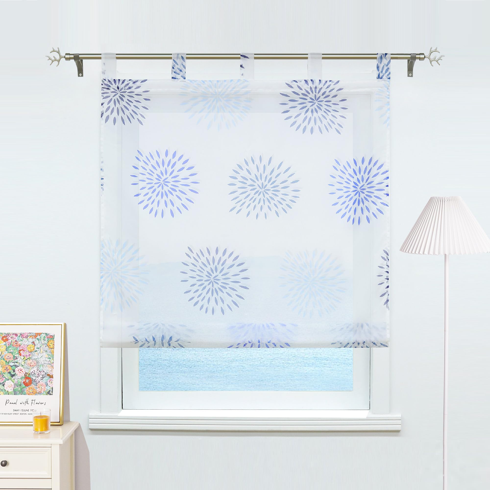 Eslir Roman Blind with Tabs, Kitchen Roman Curtains, Transparent Tab-Top Blind, Curtains, Circle Motifs, Modern Voile Blue, W x H 120 x 140 cm, 1 Piece