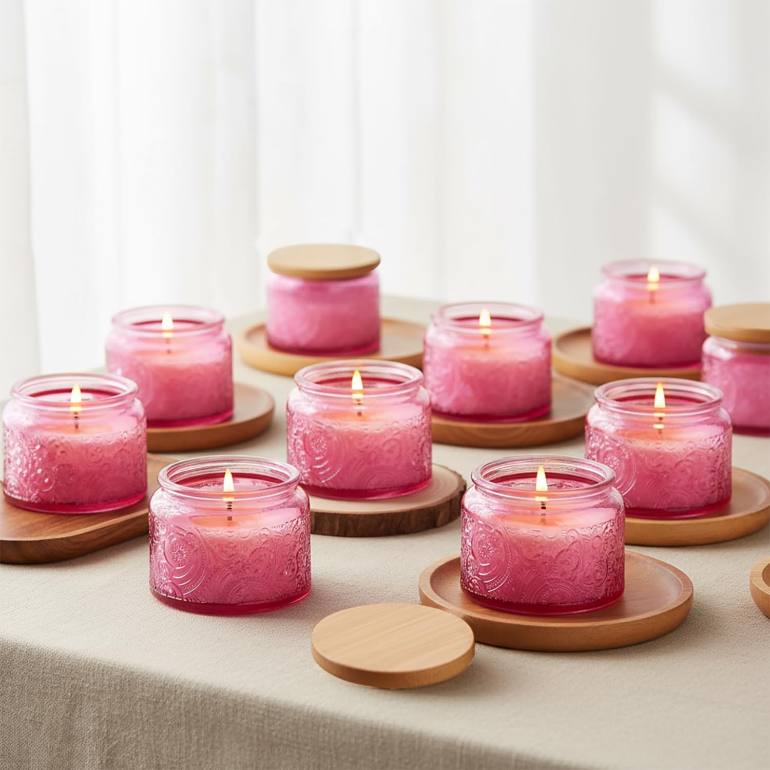 Photo 1 of 18-Pack 4oz Embossed Glass Candle Container with Bamboo Lids and Labels, Pink Candle Jars for Making Candles, Sun Moon Star Design