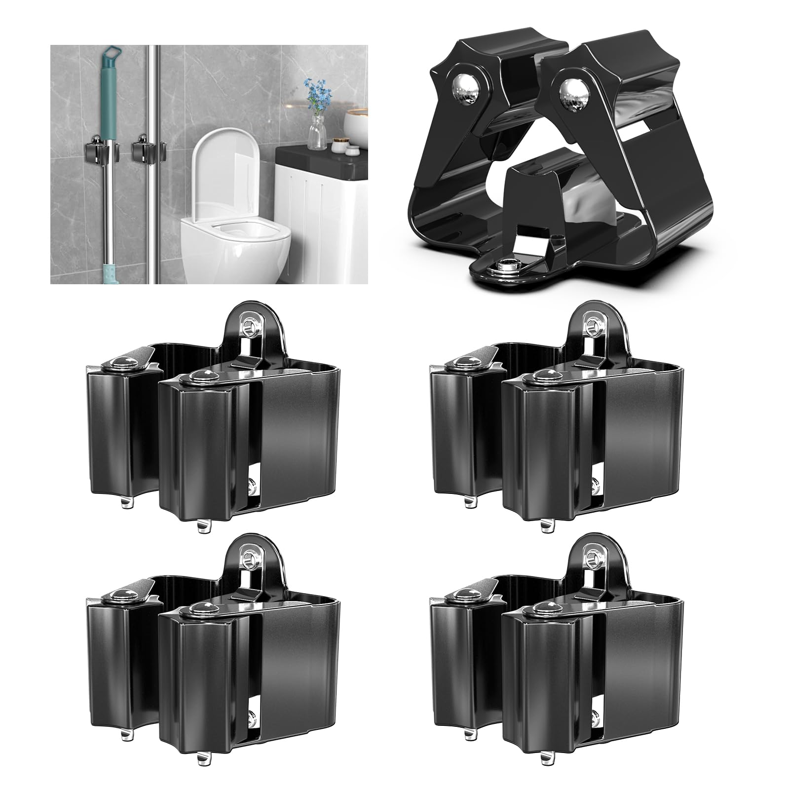 3-H Broom Holder Wall Mounted 4Pcs, Stainless Steel Mop Holder, Broom Storage Heavy Duty Tool Hook Brush Storage Organiser with Non-slip Silicone Gear for Garage Garden Shed Bathroom Kitchen (Black) โ image 1
