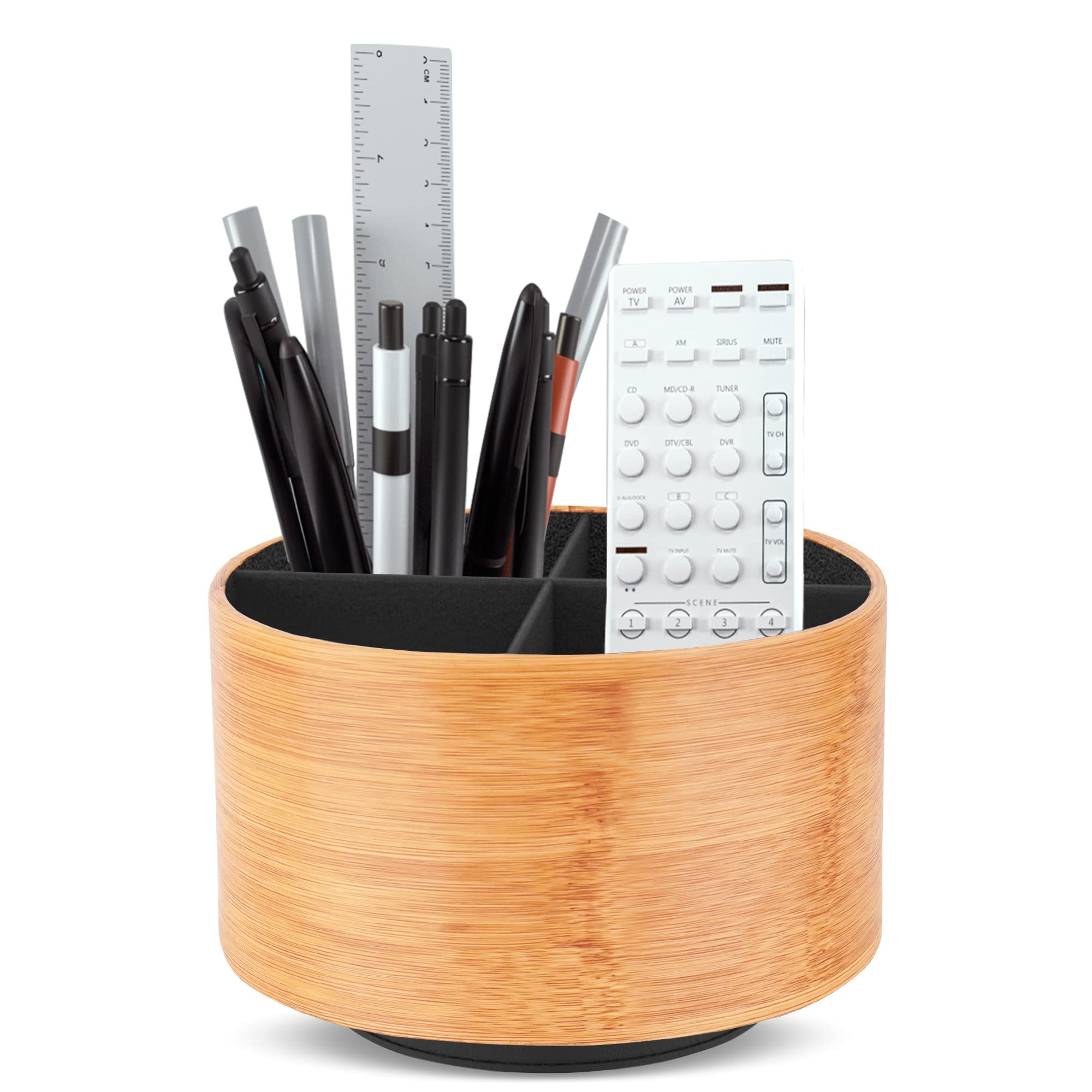 Czzmy Round Leather Art Supply Organizer,Remote Control Holder,360 Degree Spinning,Multi-Functional Pencil Holder,4 Compartments Desktop Stationary Organizer(1-Beige)