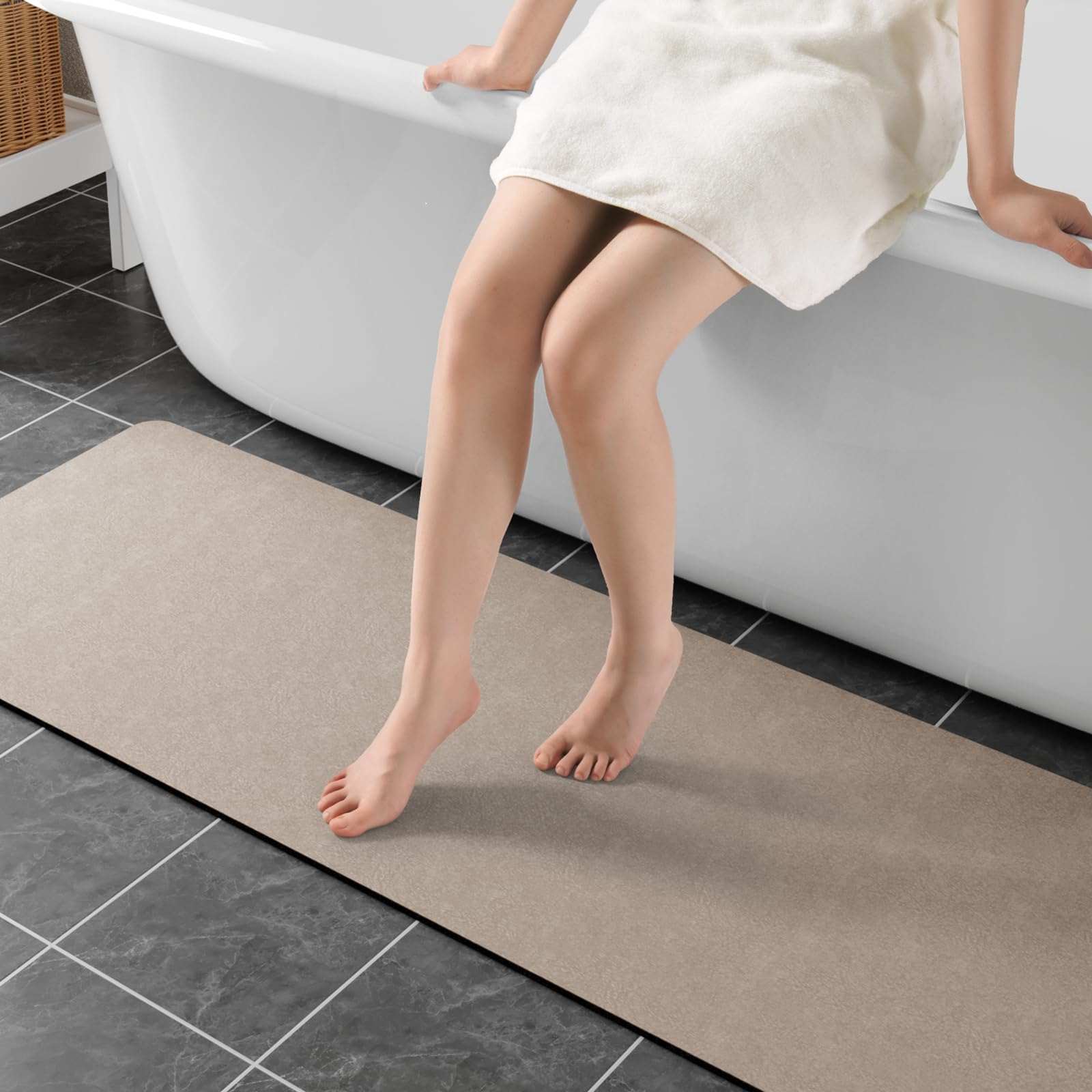 Photo 1 of (USED/FAIR) Bathroom Mat Rugs Diatomaceous Earth Bath Mat Large Quick Dry Bath Mat Non Slip Rubber Backed Super Absorbent Shower Mat, Thin Bathroom Runner Rugs Floor Mat Fit Under Door, Taupe