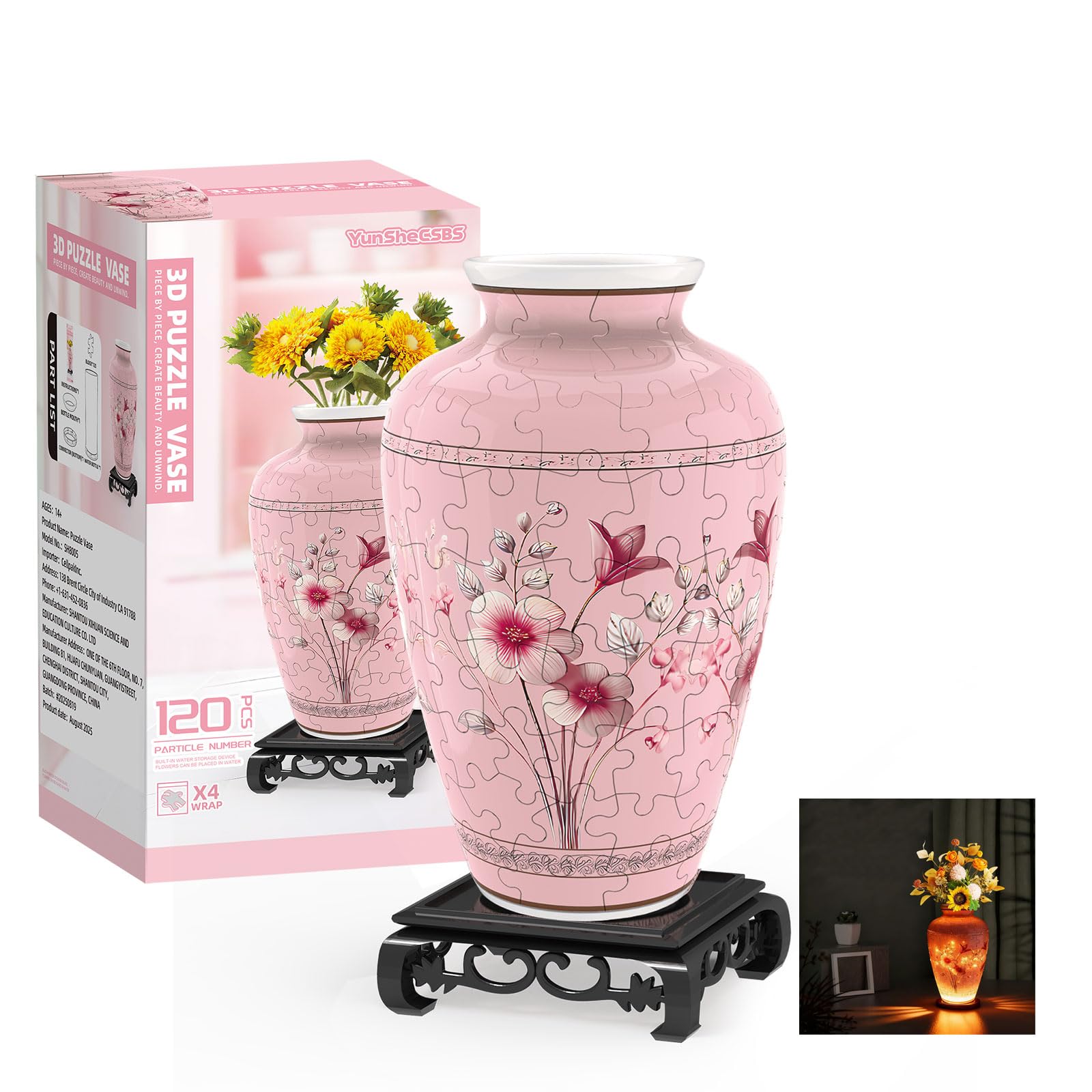 View 1 of 3D Puzzles Vase for Adults, Crafts for Adults, 120 Pieces Plastic DIY Unique Flower Vase with LED Light House Warming Gift Birthday Gifts for Flower Arrangements and Home Decor (Pink)
