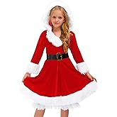 BesserBay Girls 2 Pcs Christmas Santa Claus Dress with Belt Red Velvet Hoodie Dresses 4-14 Years