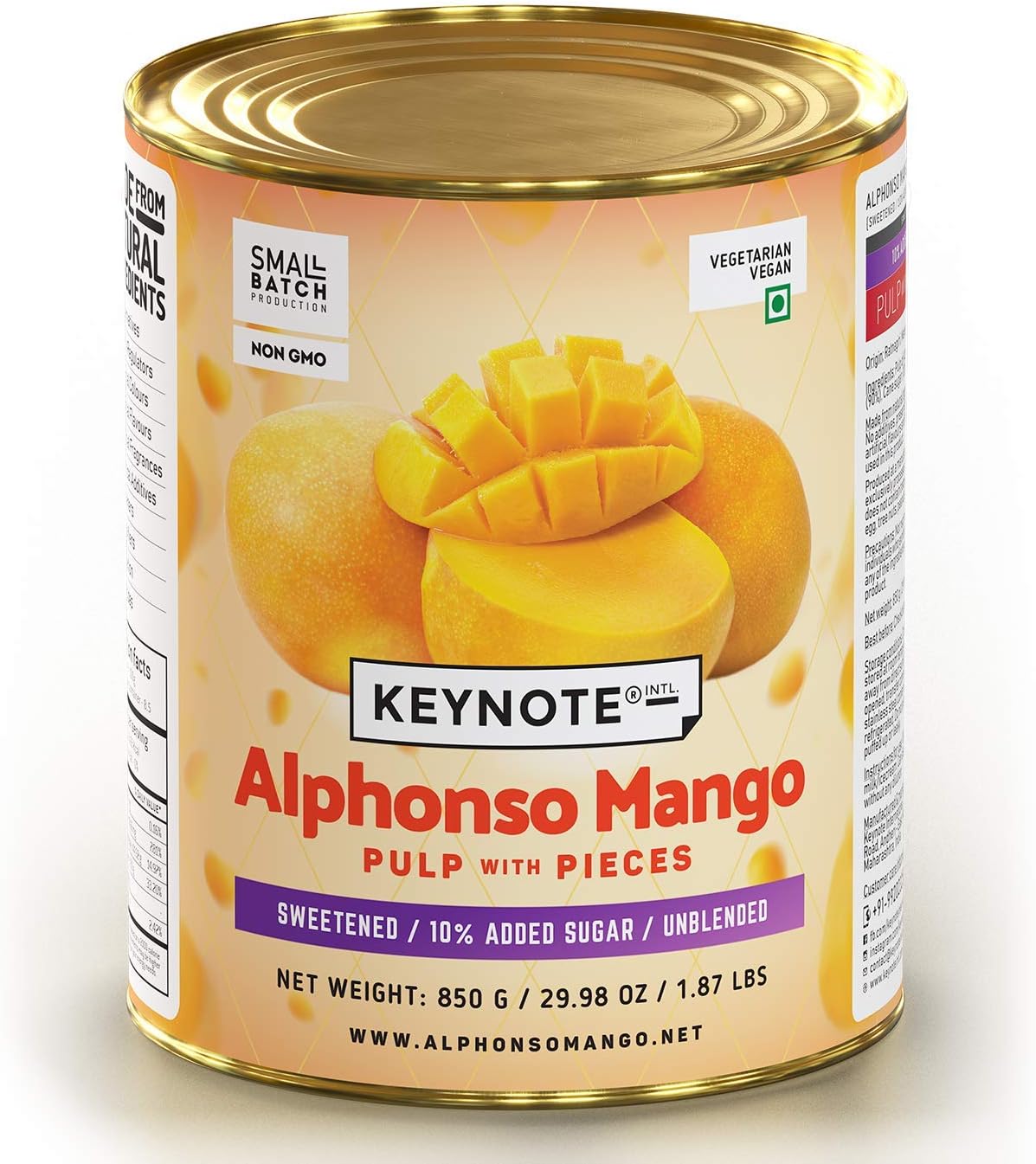 Keynote Alphonso Mango Pulp and Pieces / Chunks of Mango / GI Ratnagiri Mangoes / Laboratory Certified / Export Grade / Pulp with 10% Added Sugar 850 g