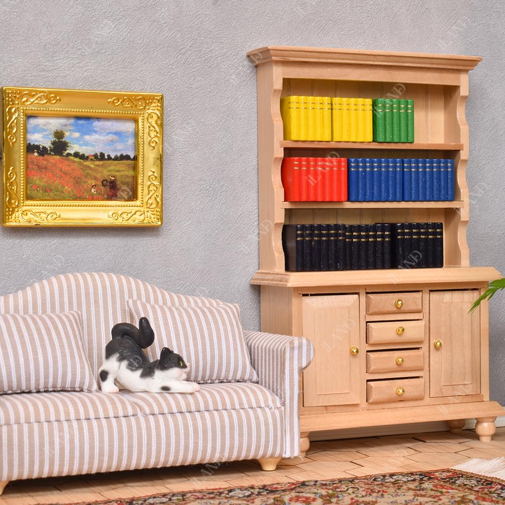 iLAND Miniature Dollhouse Accessories for Dollhouse Furniture on 1:12 Scale, Dollhouse Frames w/Printed Classic Paintings Set (4 Bright Golden Frames & Pictures)