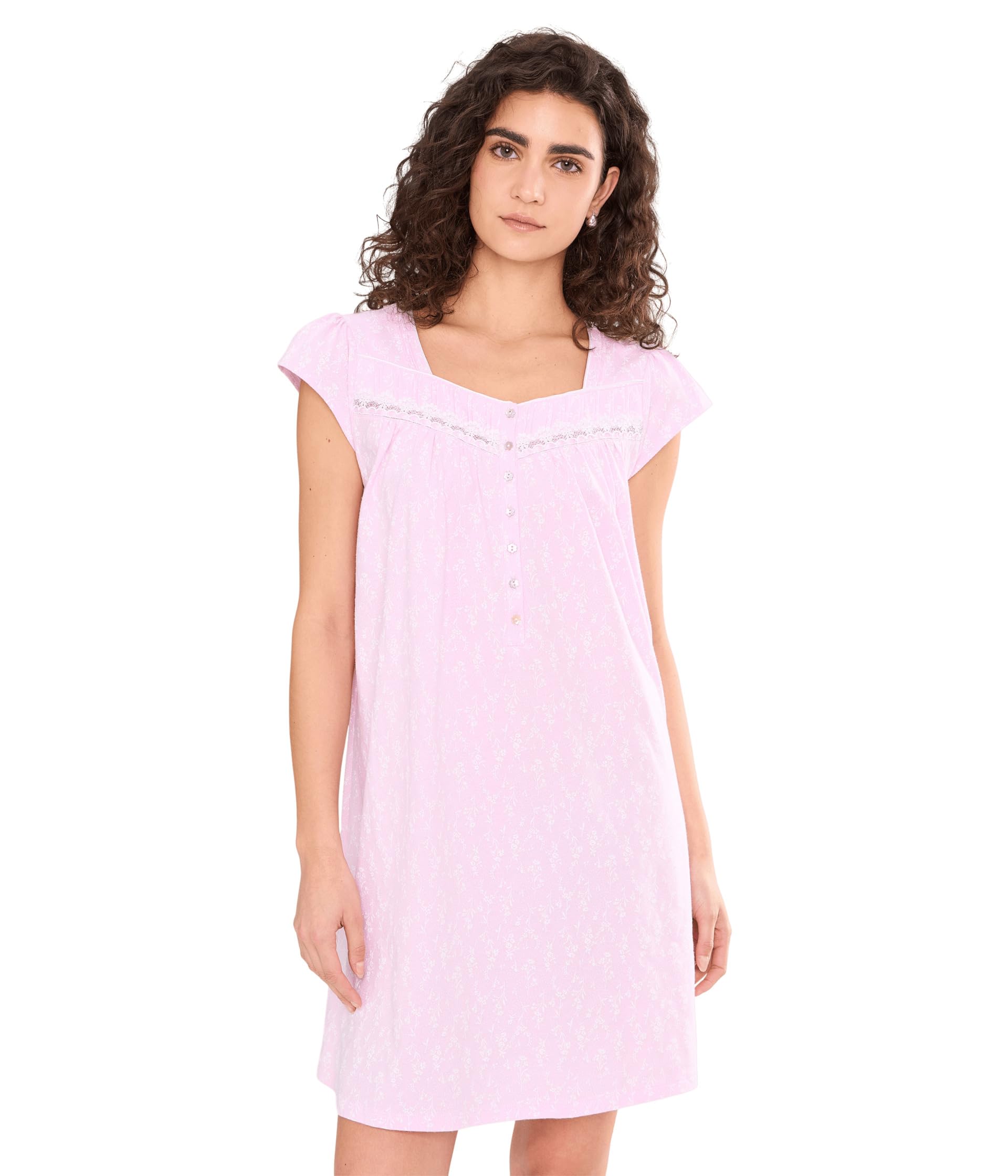 Eileen West Womens Cotton Knit Cap Sleeve Short Gown Pink Ground Wild Blooms Small