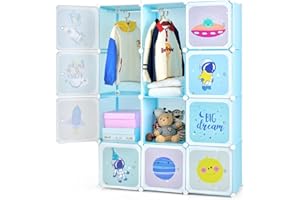 INFANS Children Wardrobe, Kid Closet Portable Baby Dresser Cute for Kids Bedroom Nursery Armoire with Doors 12 Cube 2 Hanging Sections, Kid Clothes Storage Organizer (Blue, 12 Cubes)
