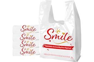 TGEONIX 100 Pack White Smile Plastic Bag - 11.5"x6.5"x21" T-Shirt Grocery Bags with Handles, Cheerful Alternative to Thank You Bags, Bulk for Retail, Supermarkets & Small Business