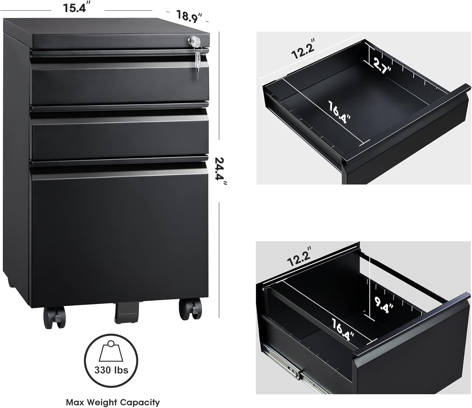 DEVAISE 3 Drawer Locking Mobile File Cabinet for Home Office, Fully Assembled Except Casters, Letter/Legal Size, Black : Office Products