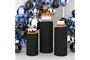 Babenest Black Cylinder Pedestal Stand Covers Set of 3, Spandex Vintage Fitted Round Pedestal Covers, Elastic Cloth Pillar Plinth Cover for Birthday Wedding Party Reception Decoration(Without Stands)