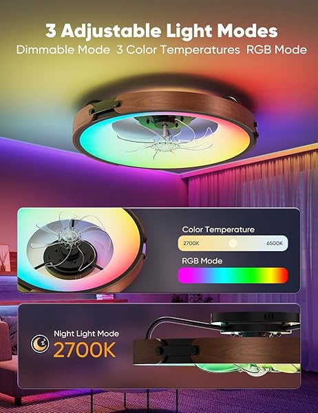 CARREFOUR 20″ SMART CEILING FANS WITH LIGHTS – LOW PROFILE FLUSH MOUNT CEILING FAN WITH 3 CCT, RGB, 6 SPEED REVERSIBLE DC MOTOR, REMOTE AND APP CONTROL, TIMER, QUIET BEDROOM FAN,WALNUT‑TRIM