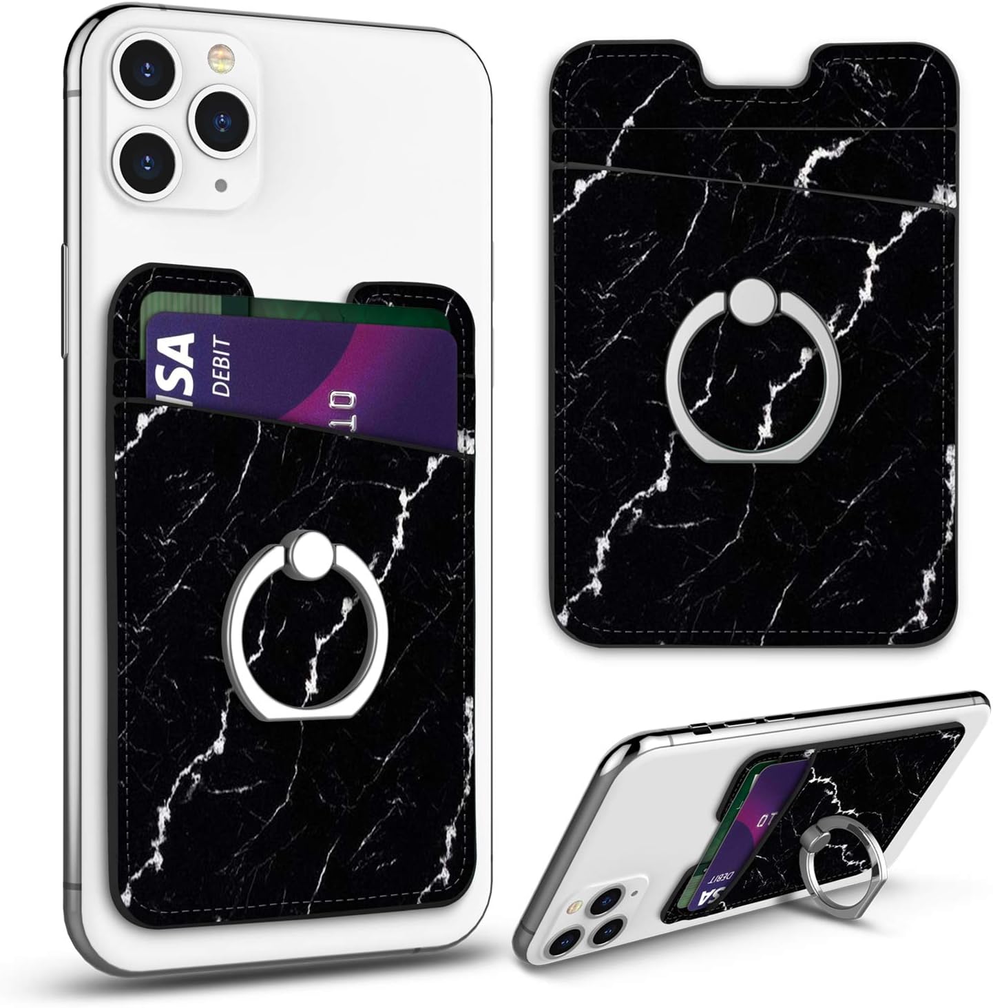 Phone Card Holder with Ring Stand, Takfox PU Leather ID Credit Card Holder Phone Pocket Wallet Cover Case 3M Adhesive Stick on iPhone, Samsung Galaxy, Motorola, LG, Android Smartphones-Black Marble
