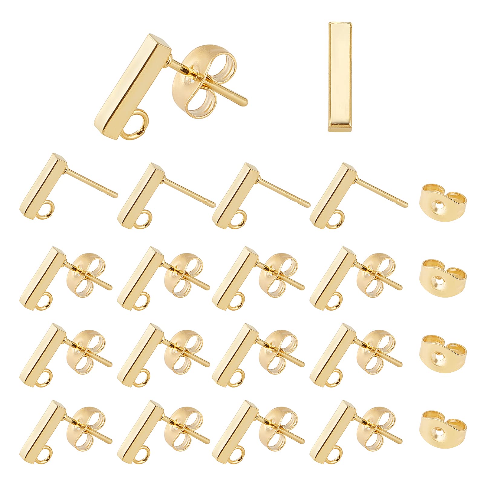 UNICRAFTALE About 50pcs Golden Rectangle Stud Earring Settings Stainless Steel Ear Stud with Loop and Ear Nuts 0.8mm Pin Earring Finding for DIY Jewelry Making