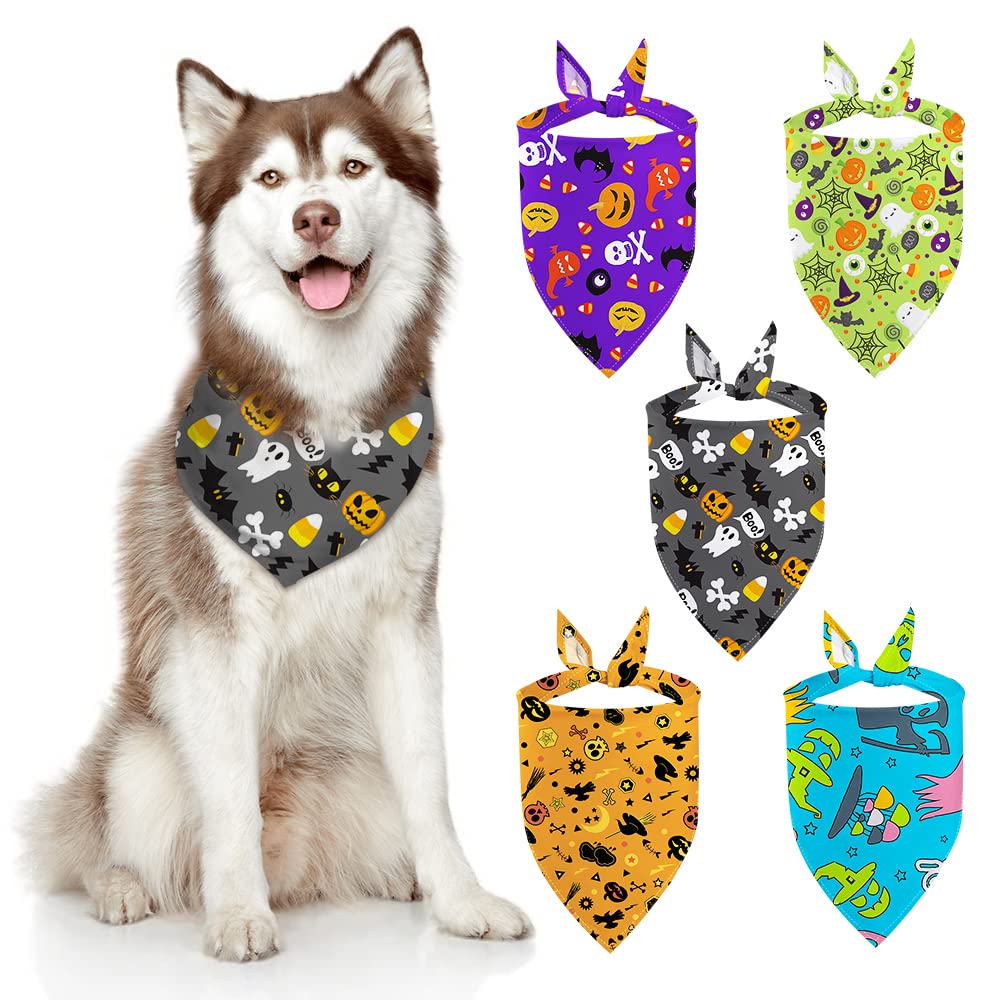Halloween Dog Bandanas,5 Pack Pet Washable Adjustable Kerchief Pumpkin Bat Spider Ghost Pet Triangle Bib Scarf for Dogs and Cats Costume Supply