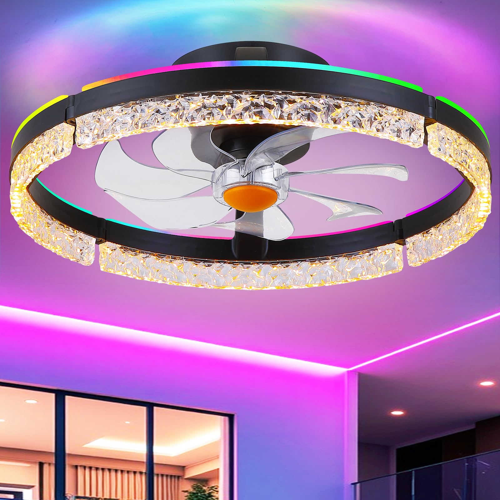 Photo 1 of Mpayel 20" Low Profile Ceiling Fan with RGB Light - Modern Bladeless Flush Mount Ceiling Fan with Remote, Quiet DC Motor, 6 Speeds, 3CCT Dimmable LED Light for Kids Room, Bedroom & Bunk Beds