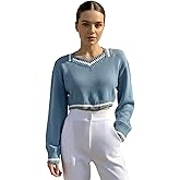 OYOANGLE Women's Striped Trim Cropped Sweater V Neck Long Sleeve Knitwear Pullover Tops