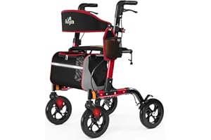 AOJIN Walkers for Seniors, Rollator Walker with Seat, 350 lb Weight Capacity, 18" Big Seat, 8" All-Terrain Wheels, 6-Level Adjustable Height, Lightweight Aluminum Frame Rollator Walkers for Seniors (Red)