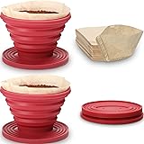2 Pieces Collapsible Coffee Dripper Easy Red Manual Coffee Brew Maker with 80 Pieces Unbleached Paper Filters Paper Coffee Fi