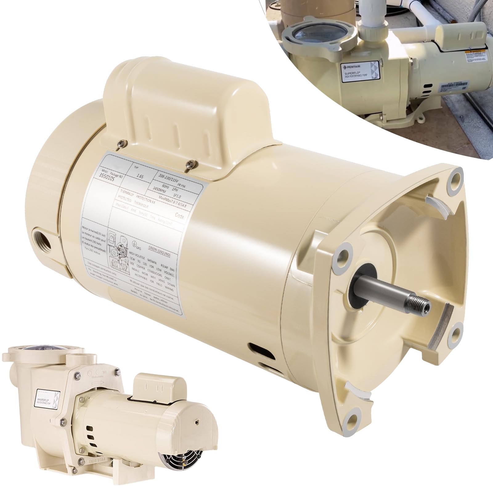 Photo 1 of 355010S Replacement Motor Energy Efficient Pool Pump Motor for WhisperFlo SuperFlo High Performance Pool Pumps WFE-4 WFE-26, 1 Speed, 1HP, Replace for 071314S 355010S Square Flange Motor