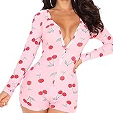 Womens Sexy Onesie Pajama with Butt Flap Long Sleeve V Neck Bodycon One Piece Romper Sleepwear
